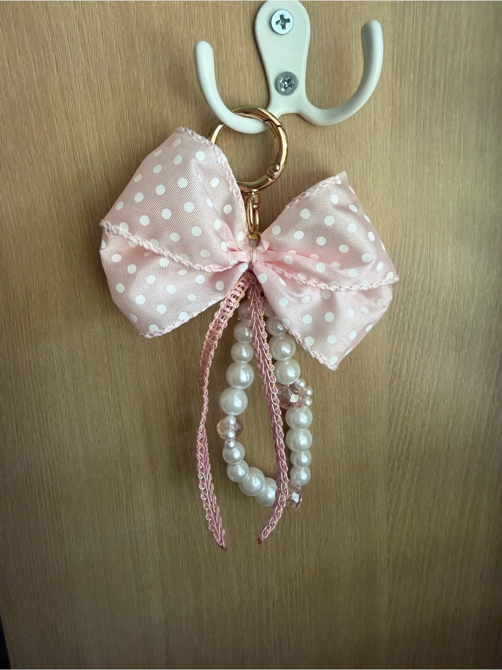 Pink Polka Dot Bow Keychain with Pearl Strands